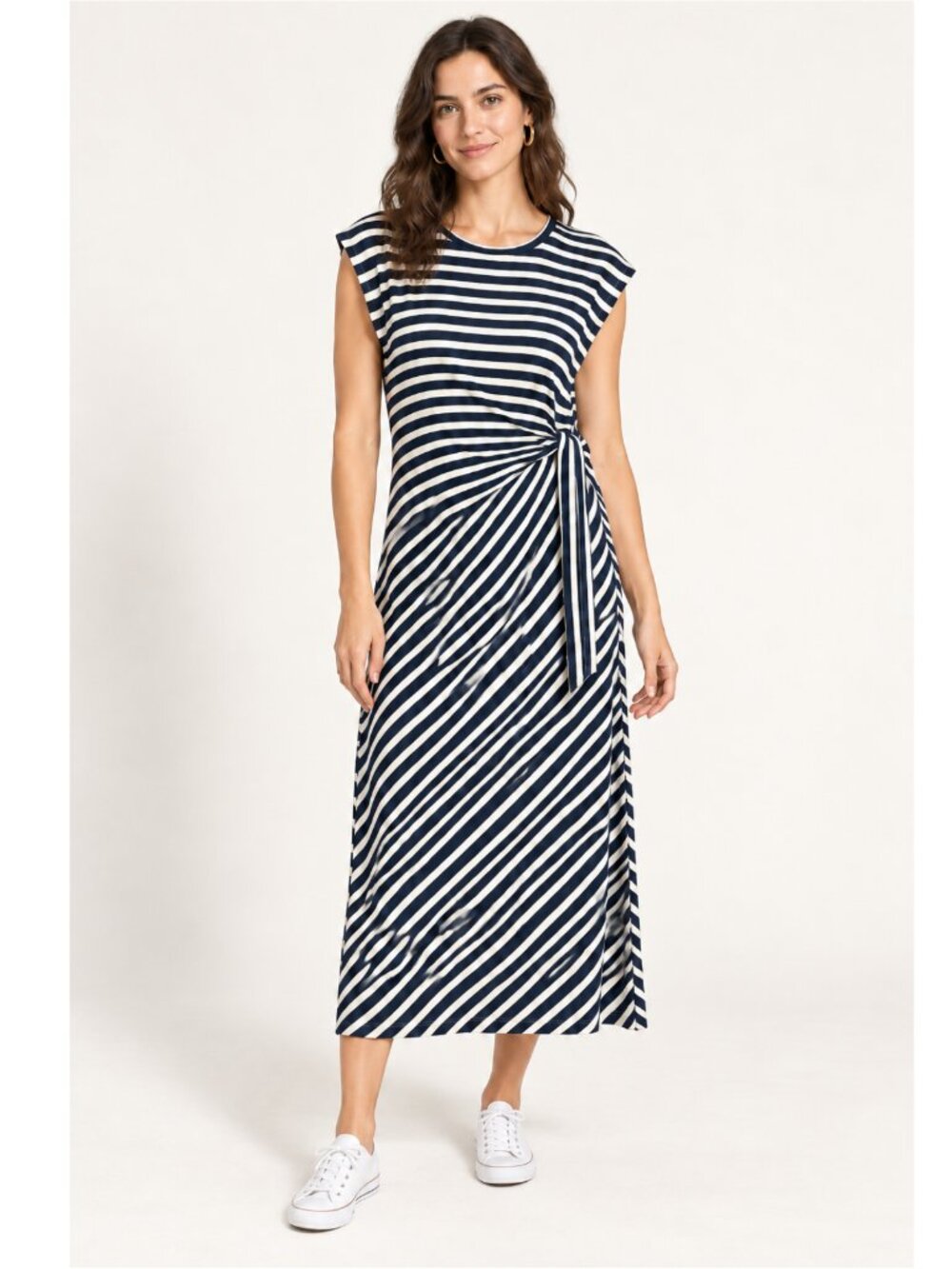 LOFT Navy White Striped Side-Tie Midi Dress Size Small
